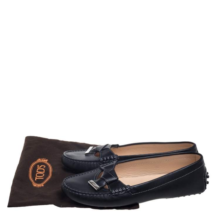 Pre Owned Tod's Black Leather Bow Slip On Loafers Size 38