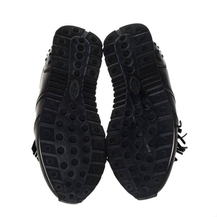 Pre Owned Tod's Black Leather Fringed Slip-On Sneakers Size 38