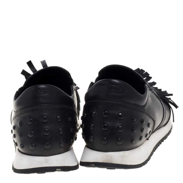 Pre Owned Tod's Black Leather Fringed Slip-On Sneakers Size 38