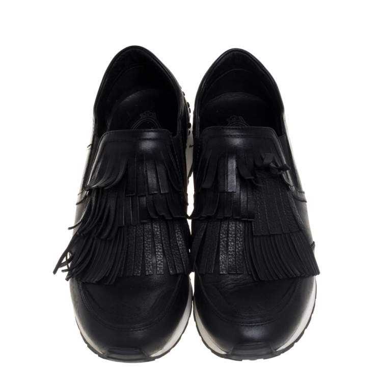 Pre Owned Tod's Black Leather Fringed Slip-On Sneakers Size 38