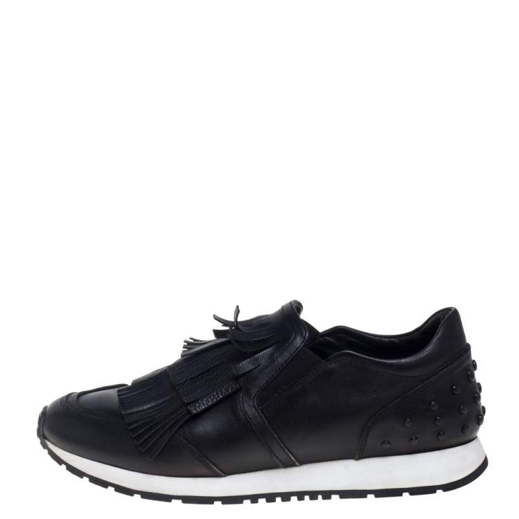 Pre Owned Tod's Black Leather Fringed Slip-On Sneakers Size 38