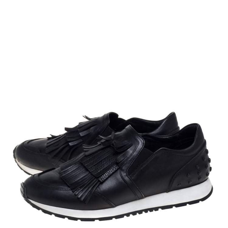 Pre Owned Tod's Black Leather Fringed Slip-On Sneakers Size 38