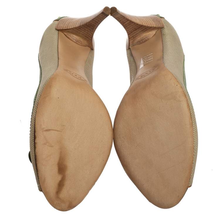 Pre Owned Tod's Beige/Green Canvas And Leather Peep Toe Slip On Pumps Size 40