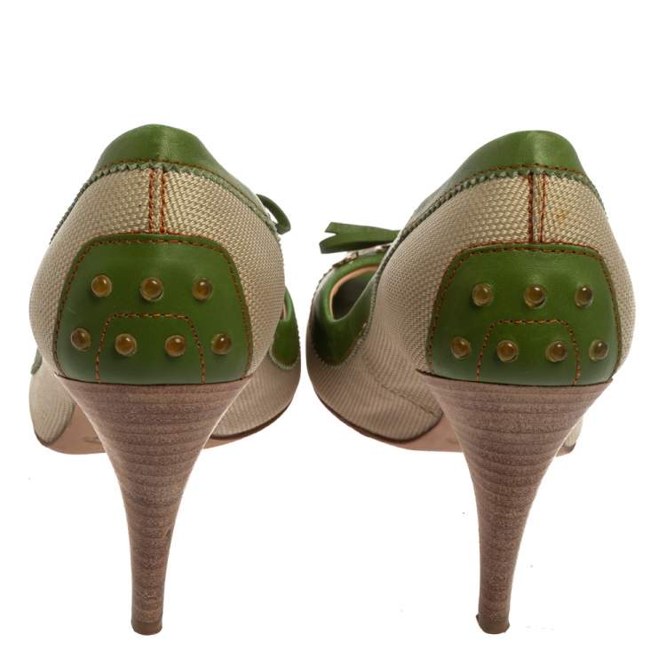 Pre Owned Tod's Beige/Green Canvas And Leather Peep Toe Slip On Pumps Size 40