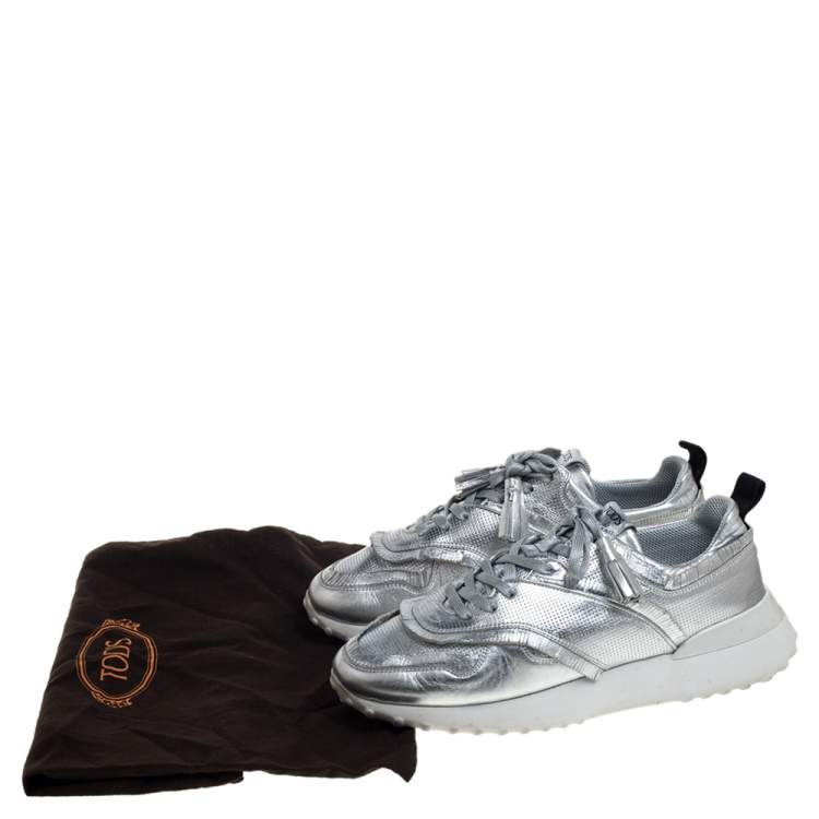 Pre Owned Tod's Metallic Silver Perforated Leather Tassel Fringe Low Top Sneakers Size 41
