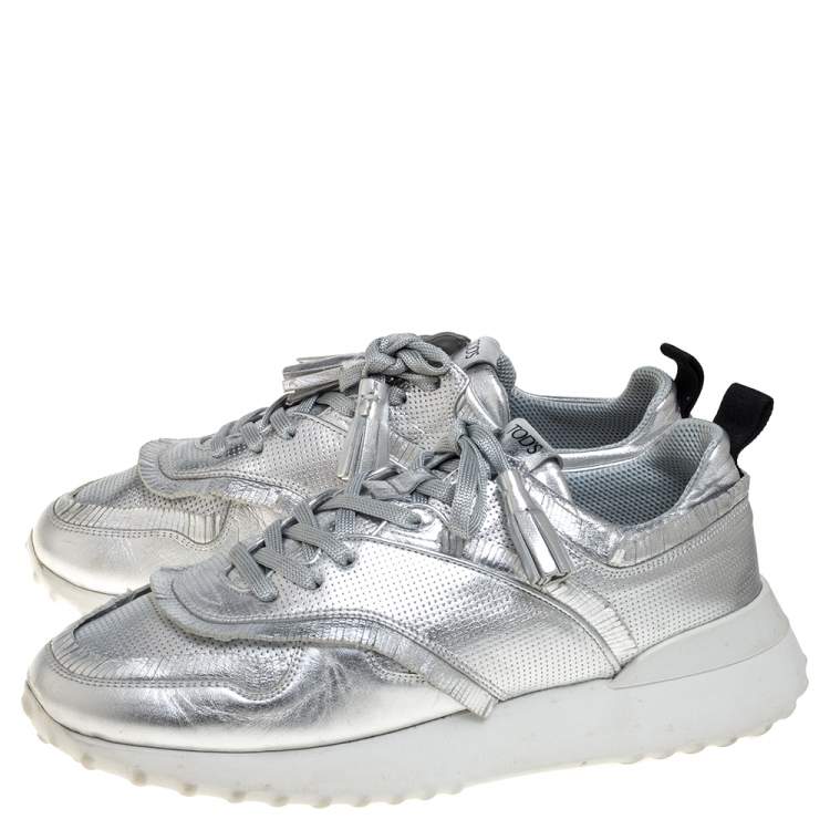 Pre Owned Tod's Metallic Silver Perforated Leather Tassel Fringe Low Top Sneakers Size 41