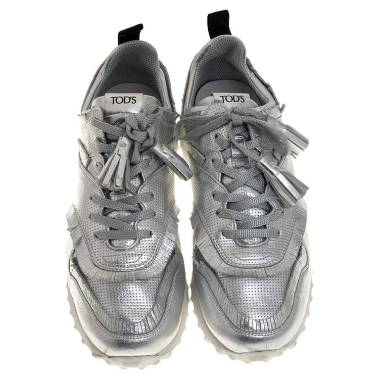 Pre Owned Tod's Metallic Silver Perforated Leather Tassel Fringe Low Top Sneakers Size 41