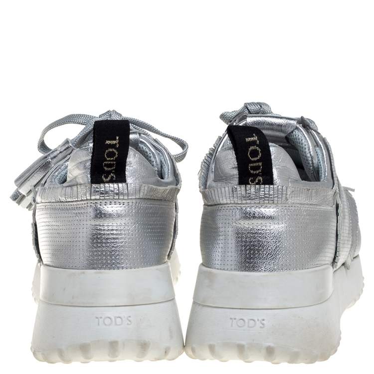 Pre Owned Tod's Metallic Silver Perforated Leather Tassel Fringe Low Top Sneakers Size 41