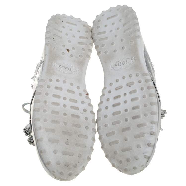 Pre Owned Tod's Metallic Silver Perforated Leather Tassel Fringe Low Top Sneakers Size 41