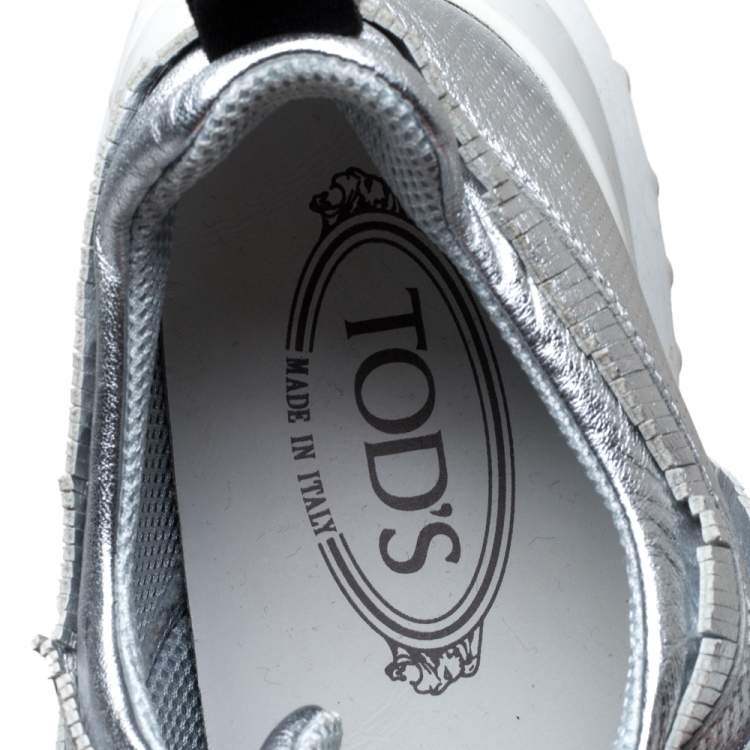 Pre Owned Tod's Metallic Silver Perforated Leather Tassel Fringe Low Top Sneakers Size 41