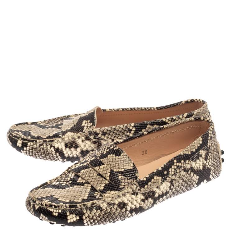 Pre Owned Tod's Grey/Black Python Embossed Leather Slip On Loafers Size 36