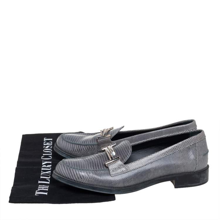 Pre Owned Tod's Grey Lizard Leather Slip On Loafers Size 38