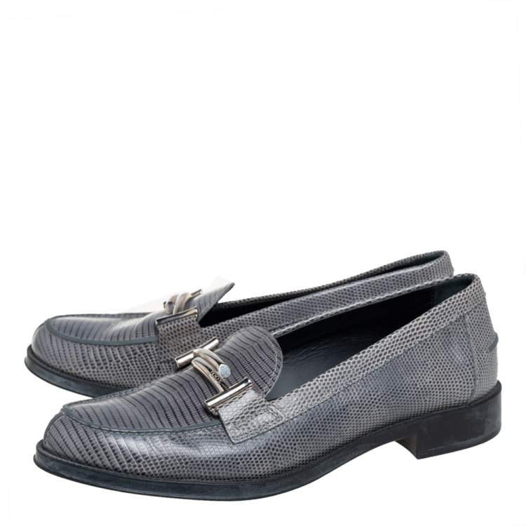 Pre Owned Tod's Grey Lizard Leather Slip On Loafers Size 38