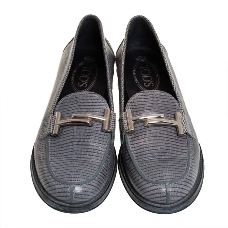 Pre Owned Tod's Grey Lizard Leather Slip On Loafers Size 38