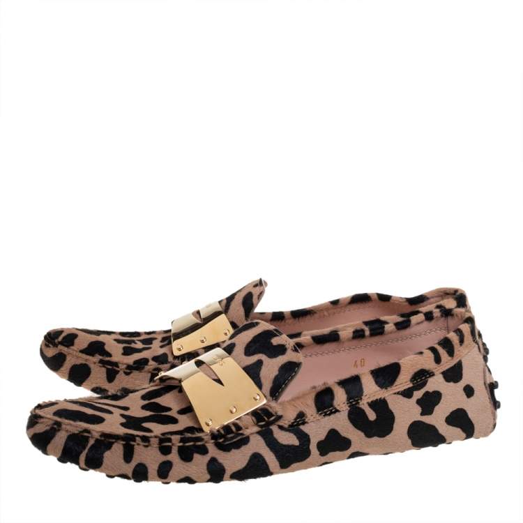 Pre Owned Tod's Beige/Black Leopard Print Calf Hair Penny Loafers Size 40