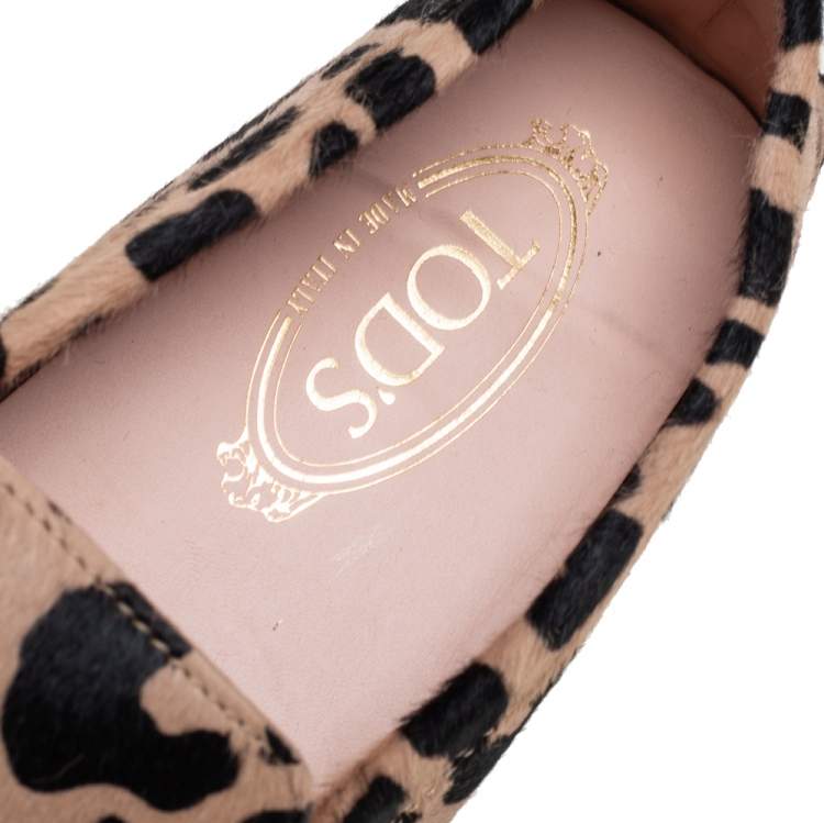 Pre Owned Tod's Beige/Black Leopard Print Calf Hair Penny Loafers Size 40