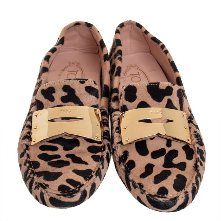 Pre Owned Tod's Beige/Black Leopard Print Calf Hair Penny Loafers Size 40