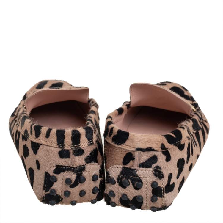 Pre Owned Tod's Beige/Black Leopard Print Calf Hair Penny Loafers Size 40