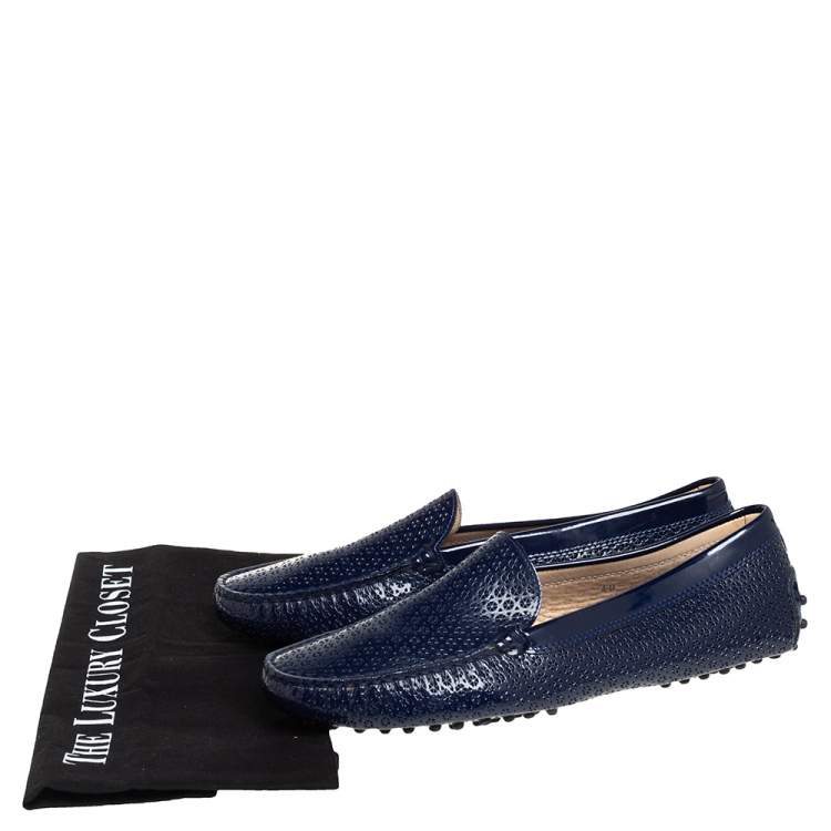 Pre Owned Tod's Navy Blue Laser Cut Patent Leather Slip On Loafers Size 40