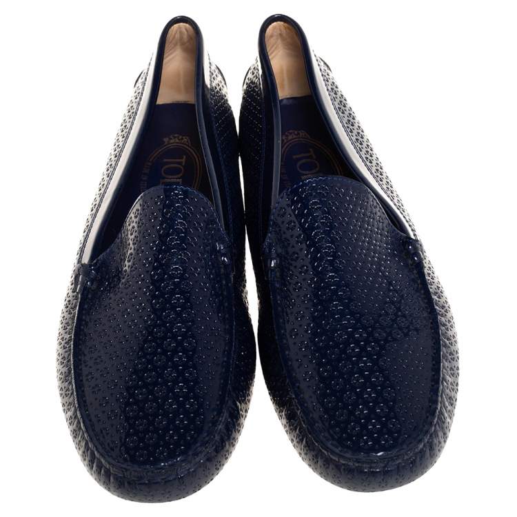 Pre Owned Tod's Navy Blue Laser Cut Patent Leather Slip On Loafers Size 40