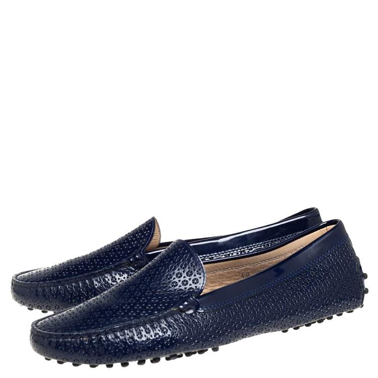 Pre Owned Tod's Navy Blue Laser Cut Patent Leather Slip On Loafers Size 40