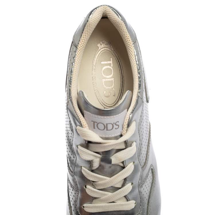 Pre Owned Tod's Silver Perforated Leather Sportivo Active Sneakers Size 38.5