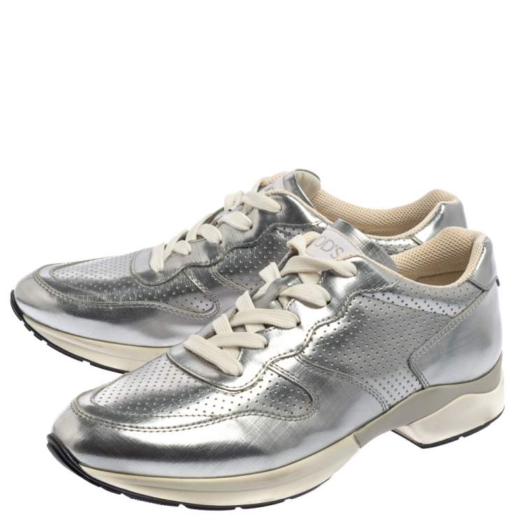 Pre Owned Tod's Silver Perforated Leather Sportivo Active Sneakers Size 38.5