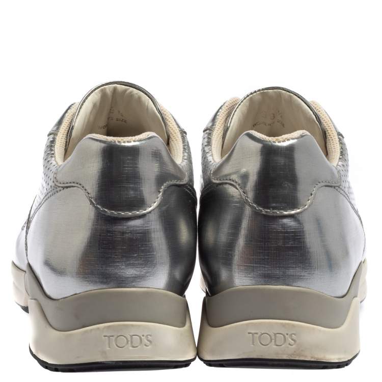 Pre Owned Tod's Silver Perforated Leather Sportivo Active Sneakers Size 38.5
