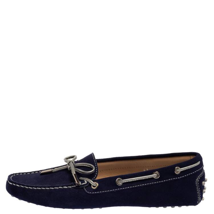 Pre Owned Tod's Blue Suede Bow Detail Slip On Loafers Size 41