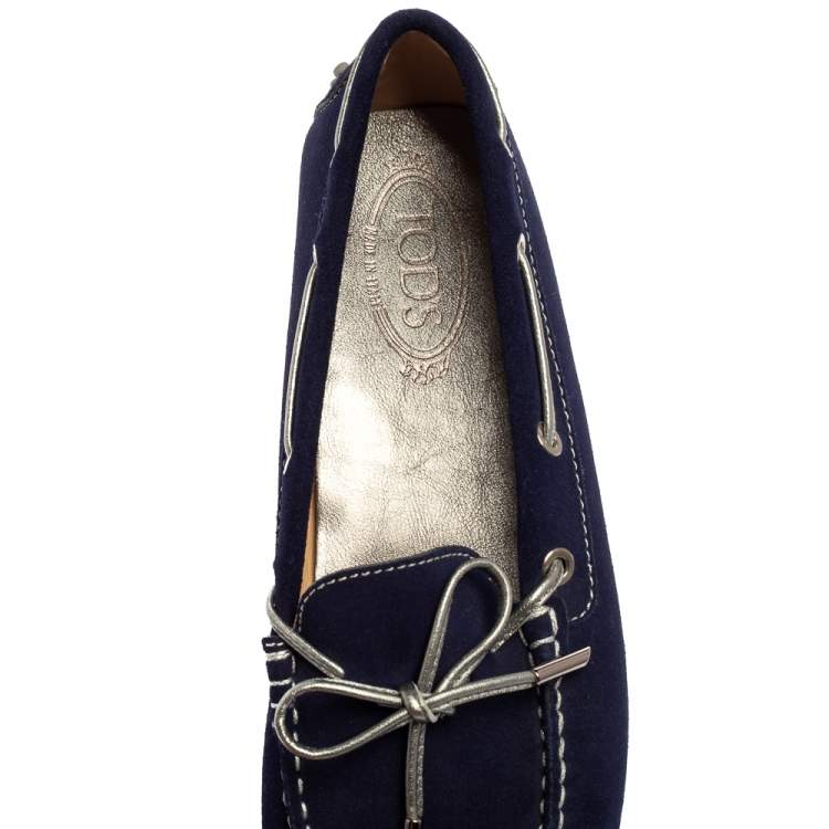 Pre Owned Tod's Blue Suede Bow Detail Slip On Loafers Size 41