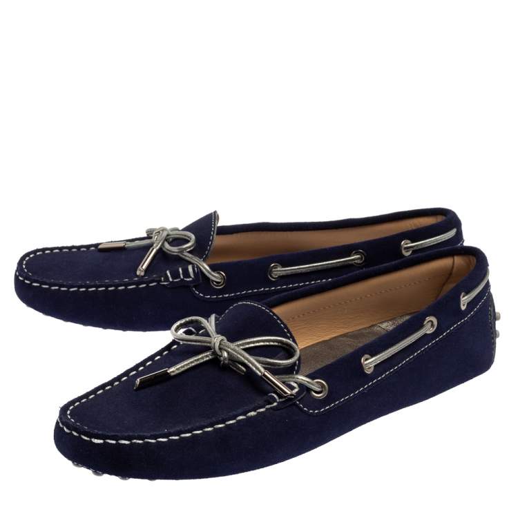 Pre Owned Tod's Blue Suede Bow Detail Slip On Loafers Size 41
