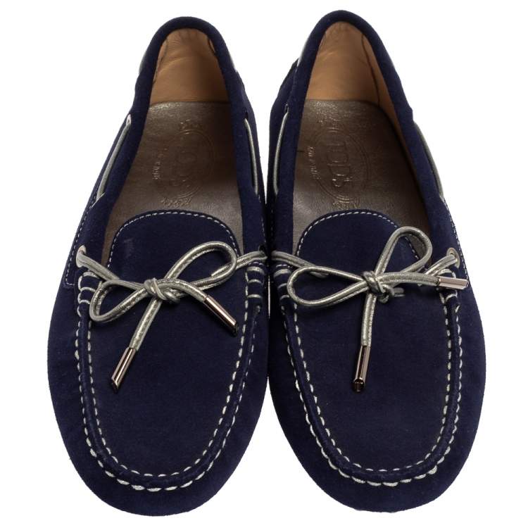 Pre Owned Tod's Blue Suede Bow Detail Slip On Loafers Size 41