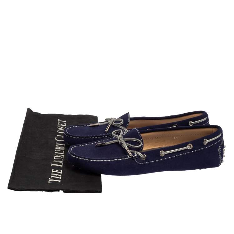 Pre Owned Tod's Blue Suede Bow Detail Slip On Loafers Size 41