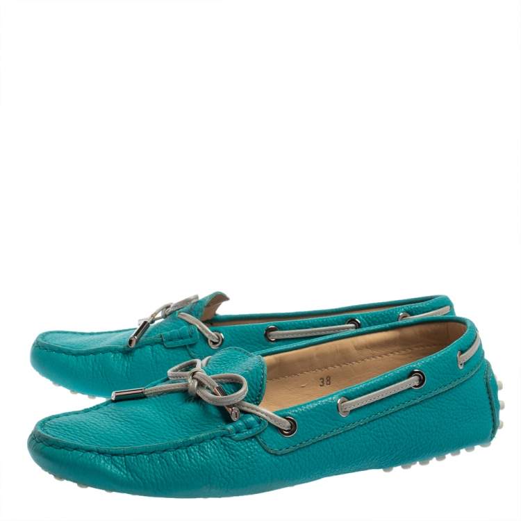 Pre Owned Tod's Blue Leather Bow Slip On Loafers  Size 38