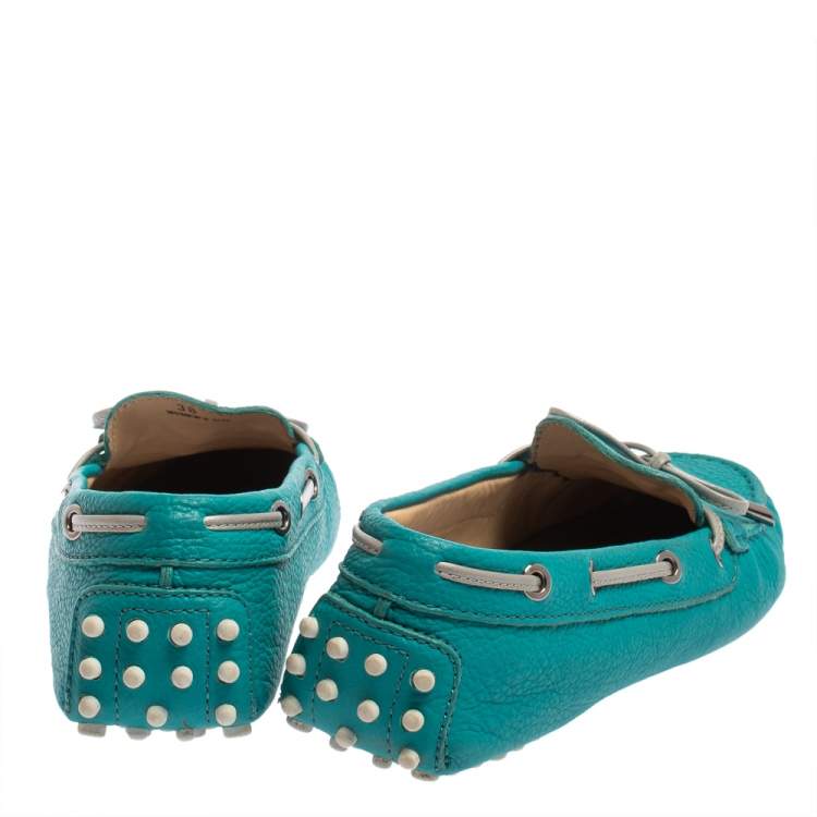 Pre Owned Tod's Blue Leather Bow Slip On Loafers  Size 38