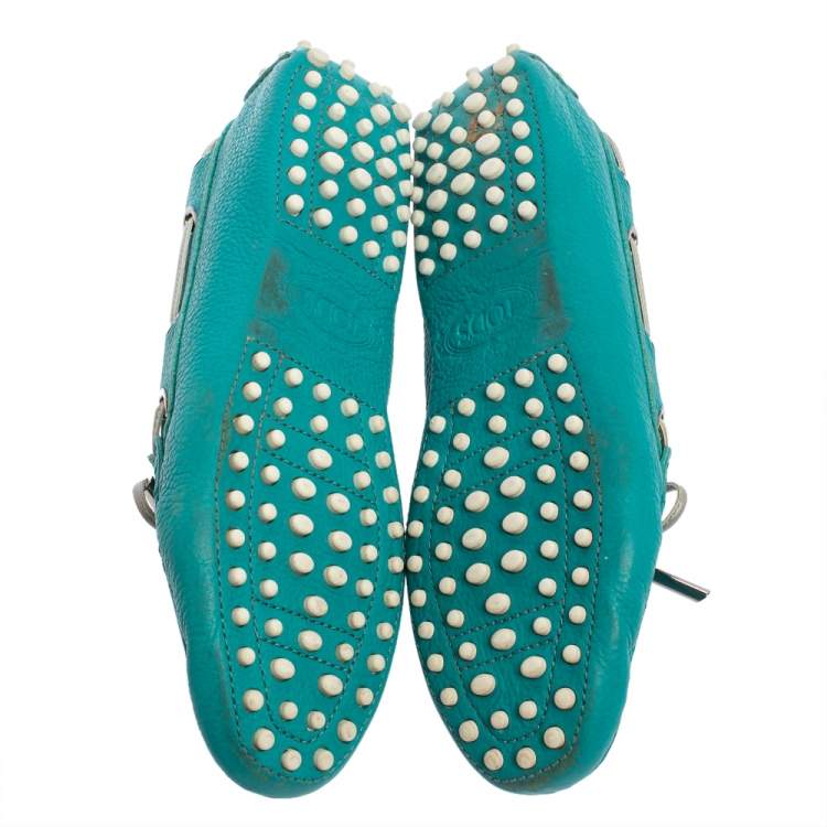 Pre Owned Tod's Blue Leather Bow Slip On Loafers  Size 38
