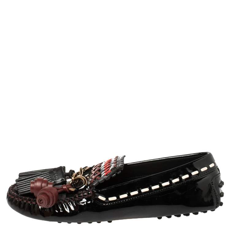 مملوكة مسبقًا Tod's Black Patent Leather Gomma Gyspy Tassel Loafers Size 38.5