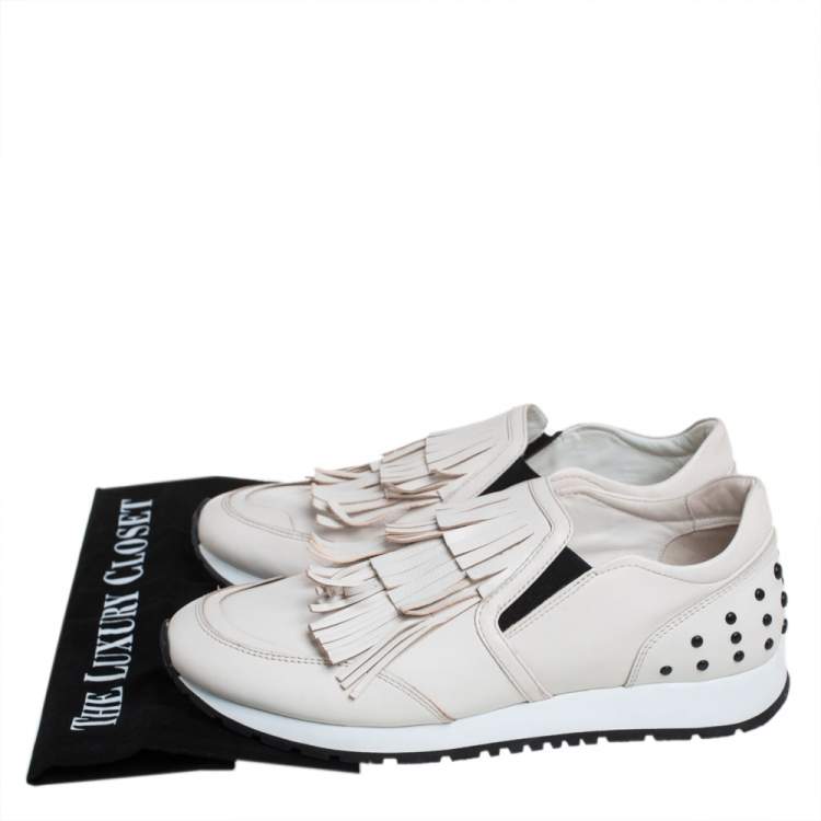 Pre Owned Tod's Off White Leather Sportivo Fringed Slip On Sneakers Size 39