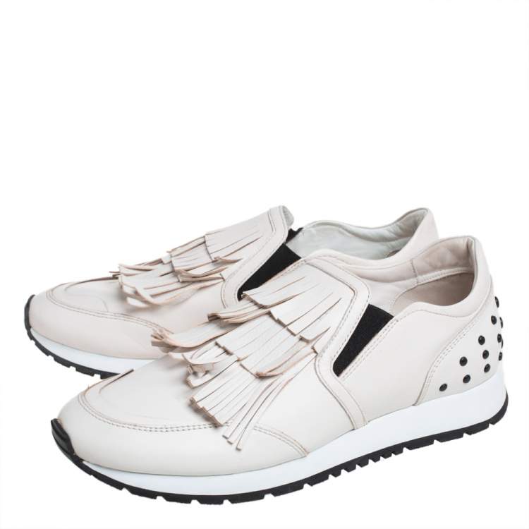 Pre Owned Tod's Off White Leather Sportivo Fringed Slip On Sneakers Size 39