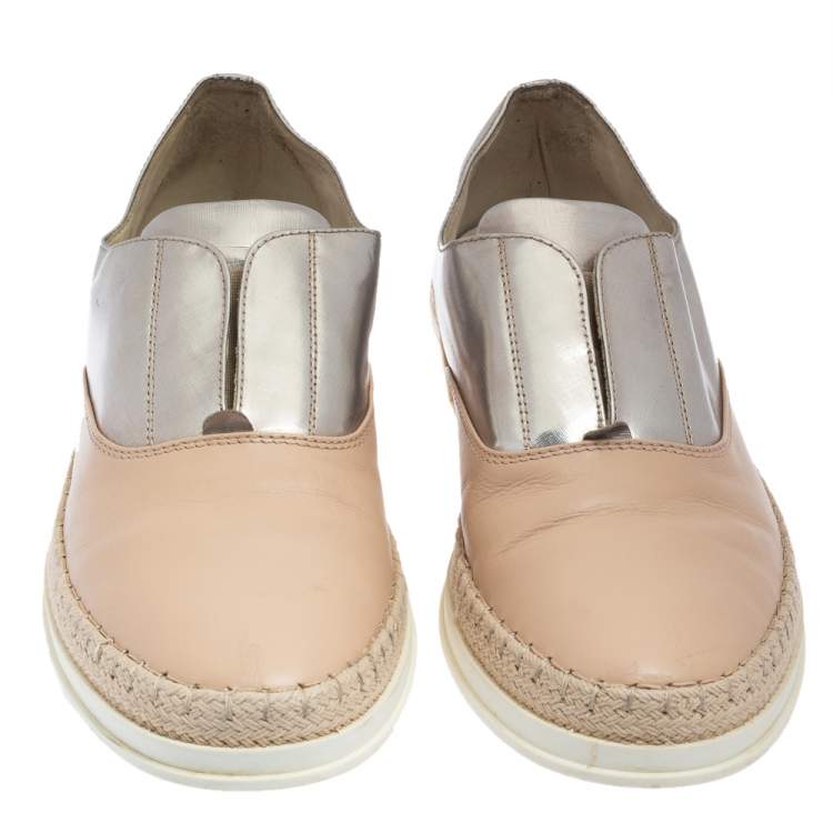 Pre Owned Tod's Beige/Silver Leather Francesina Slip On Espadrille Sneakers Size 38.5