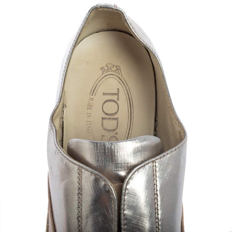 Pre Owned Tod's Beige/Silver Leather Francesina Slip On Espadrille Sneakers Size 38.5