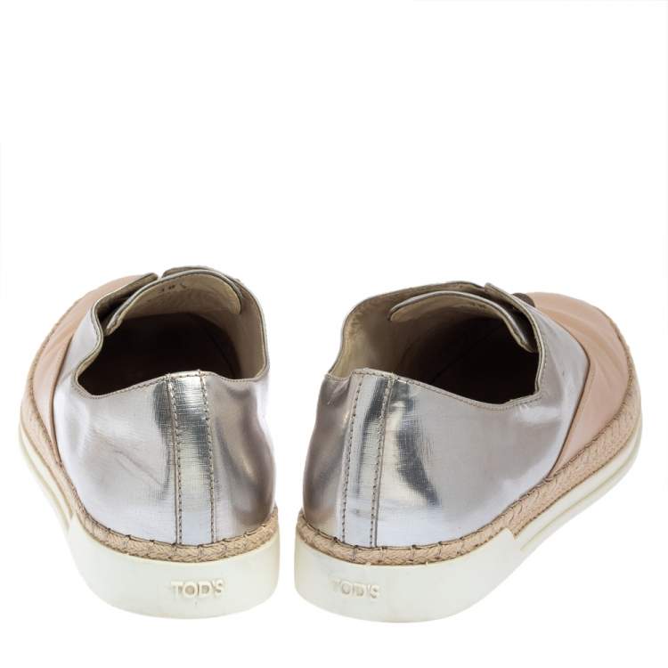 Pre Owned Tod's Beige/Silver Leather Francesina Slip On Espadrille Sneakers Size 38.5