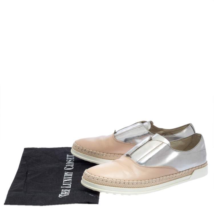 Pre Owned Tod's Beige/Silver Leather Francesina Slip On Espadrille Sneakers Size 38.5