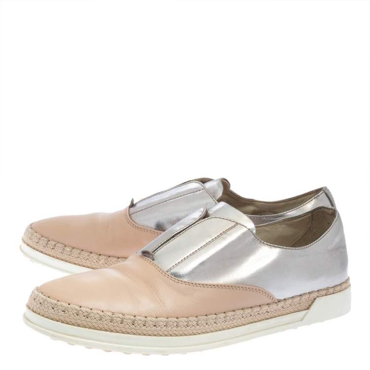 Pre Owned Tod's Beige/Silver Leather Francesina Slip On Espadrille Sneakers Size 38.5