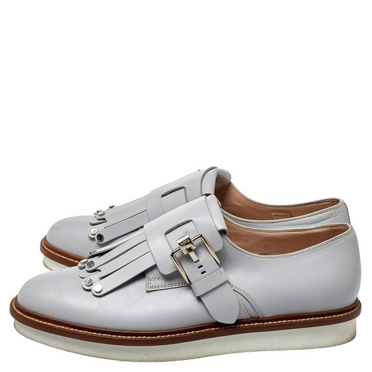 Pre Owned Tod's Grey Leather Studded Fringed Monk Strap Oxfords Size 38