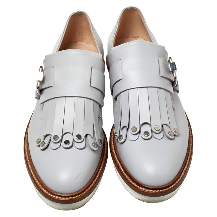 Pre Owned Tod's Grey Leather Studded Fringed Monk Strap Oxfords Size 38