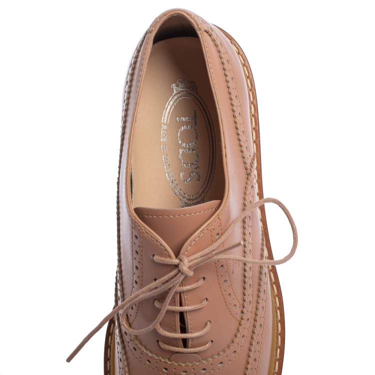 Pre Owned Tod's Pink Leather Lace Up Oxfords Size 37.5