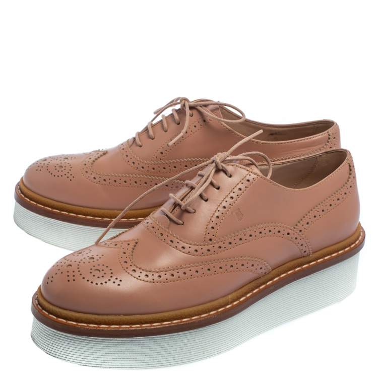 Pre Owned Tod's Pink Leather Lace Up Oxfords Size 37.5