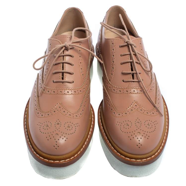 Pre Owned Tod's Pink Leather Lace Up Oxfords Size 37.5