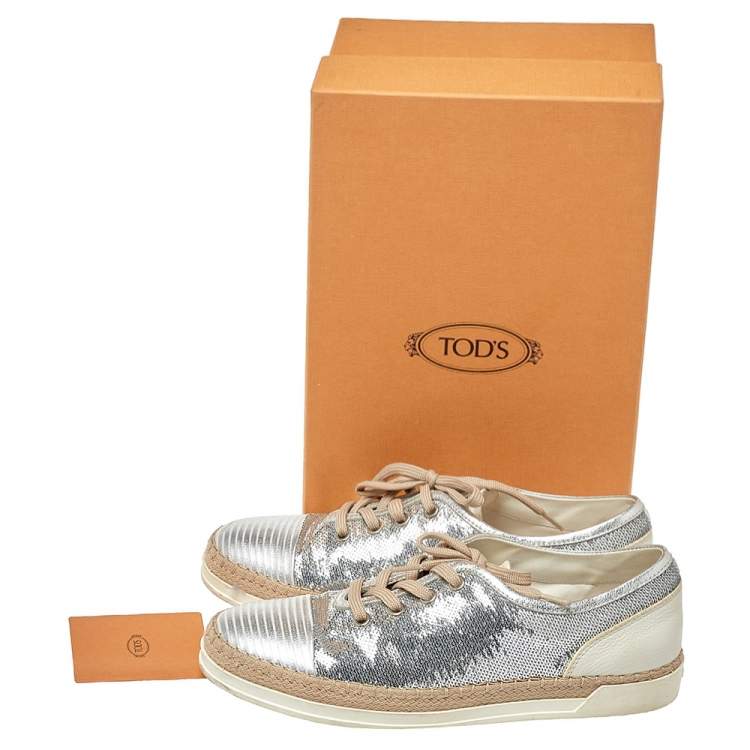 Pre Owned Tod's Metallic Silver Leather And Sequin Low Top Sneakers Size 37